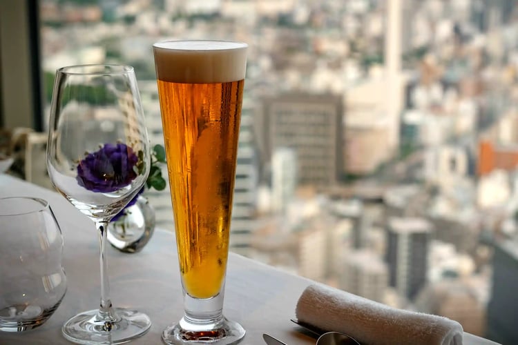 Beer at a high-end restaurant on a high floor in Tokyo