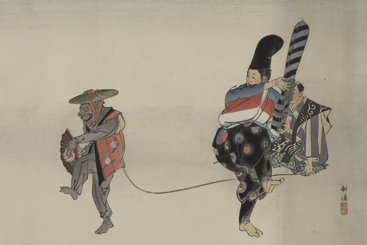 Ukiyo-e print of a Noh play featuring a monkey performance