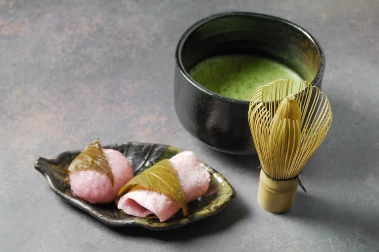 Sakuramochi (Cherry Blossom Rice Cake) Served with Traditional Japanese Tea