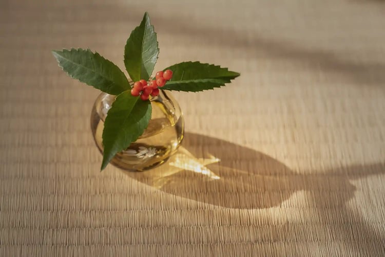 A single-stem vase holding Senryo on a tatami mat