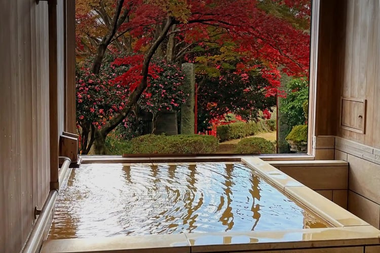 Autumn leaves and an outdoor bath