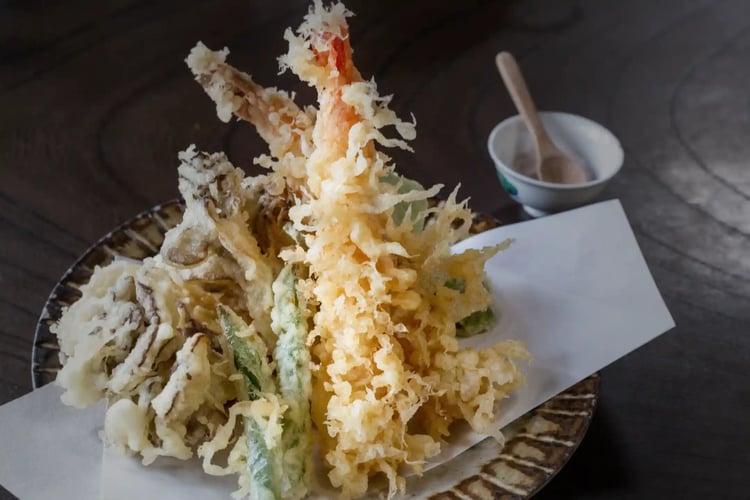 Tempura, a Japanese dish of seafood and vegetables lightly battered and deep-fried