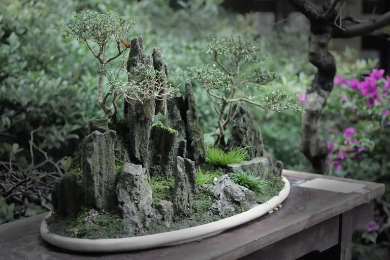 bonsai that mimics a natural landscape with rocks