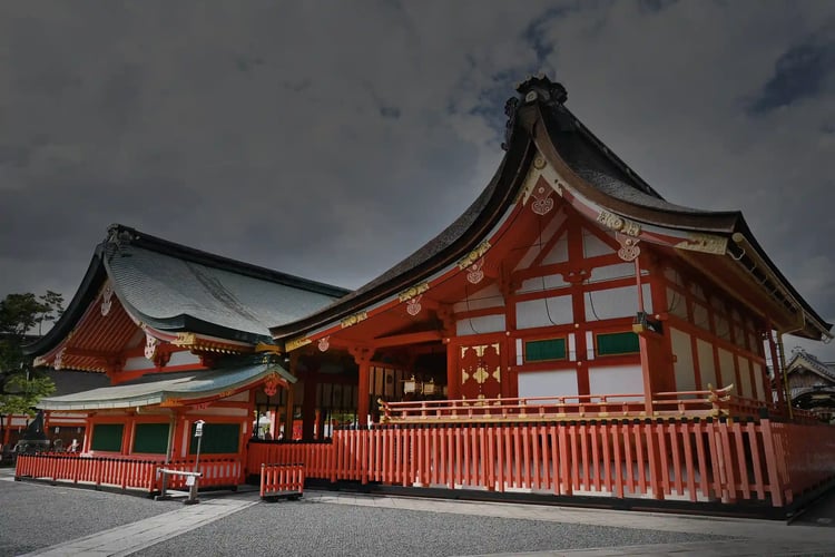 The Main Hall (Honden) and Inner Worship Hall (Naihaiden) of Fushimi Inari Taisha in Kyoto in September
