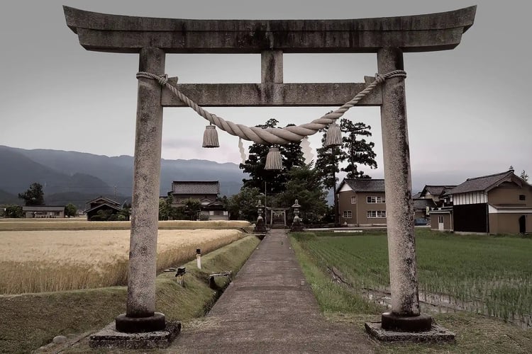 A humble torii gate in a countryside lane