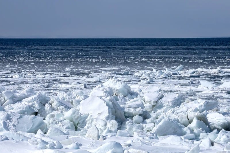 The Sea of Okhotsk where drift ice masses press toward the shore