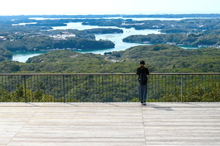 A female traveler admiring the view from Yokoyama Observatory