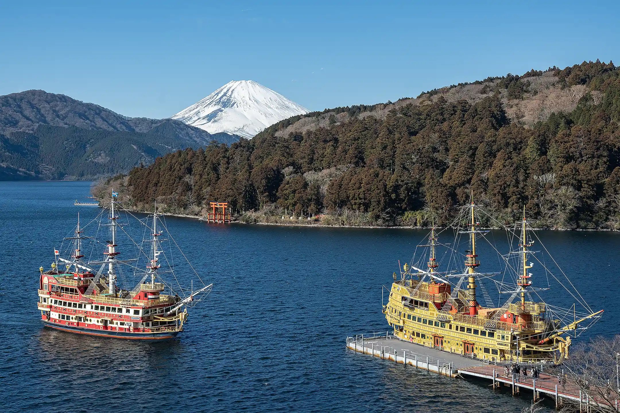 The Hakone Pirate Ship, Hakone Shrine’s Torii Gate, and Mt. Fuji on New Year’s Day