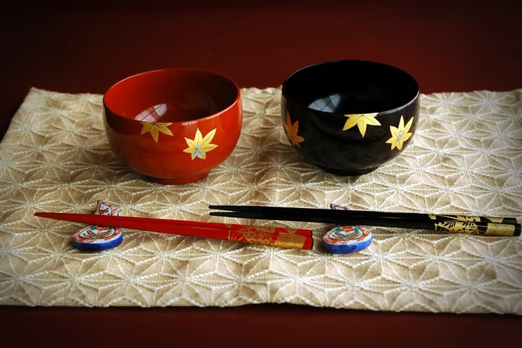 A pair of Wajima-nuri lacquer soup bowls
