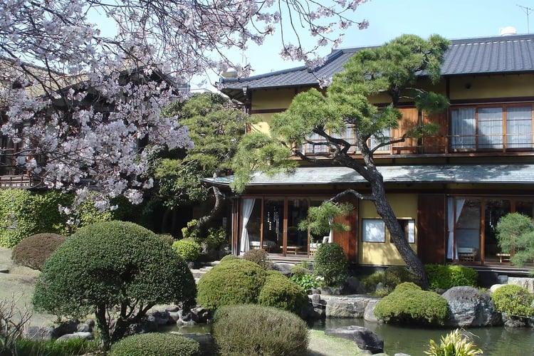 A garden with cherry blossoms and traditional Japanese architecture