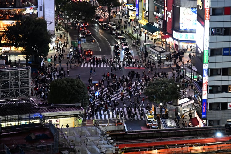 The Shibuya Scramble Crossing from Hikarie Sky Lobby at Night