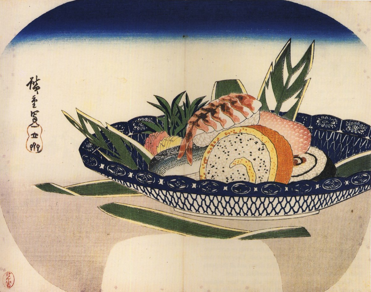 A woodblock print of a bowl of sushi by Utagawa Hiroshige