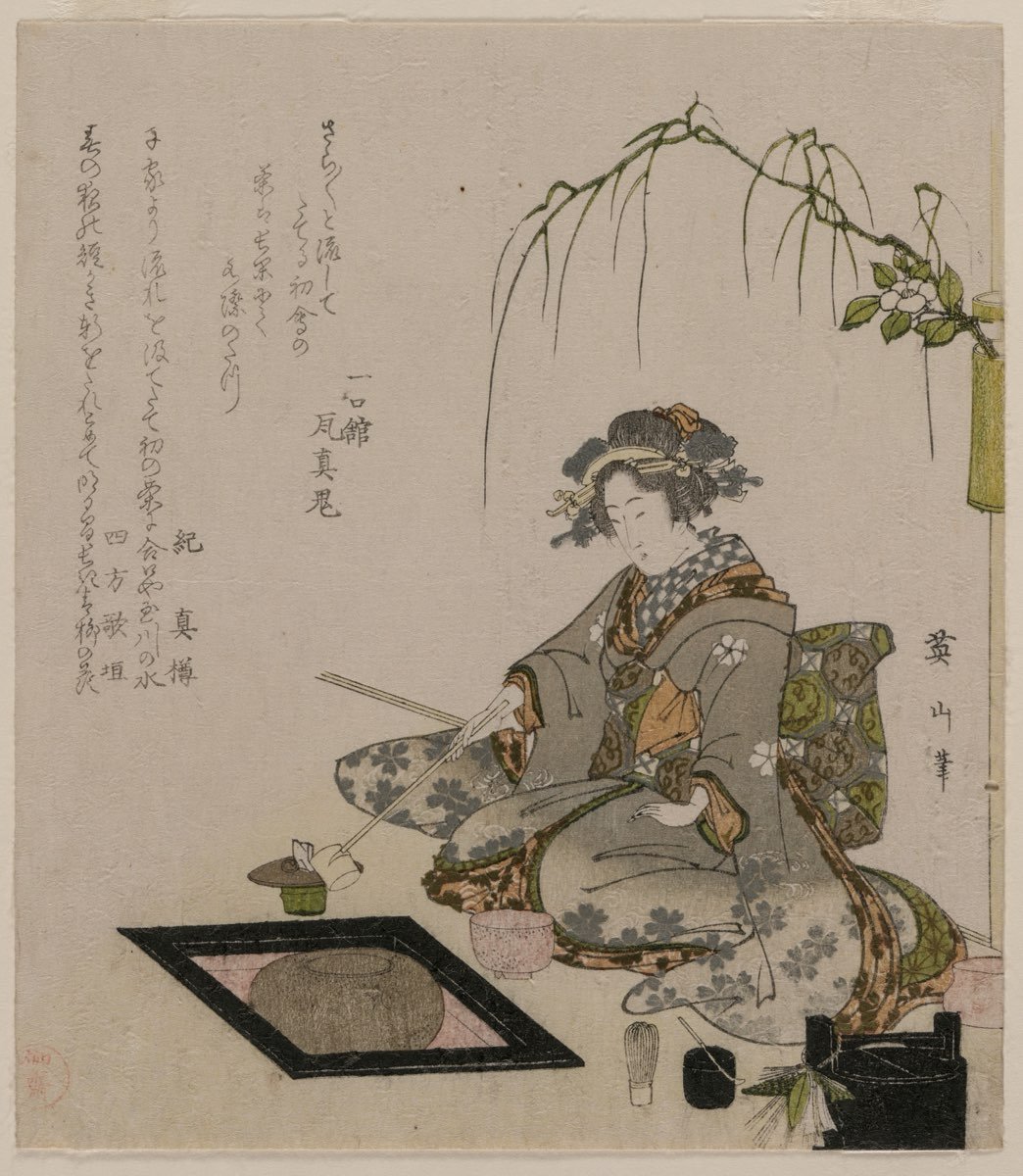 A woodblock print of a woman preparing tea in the Japanese tea ceremony, by Kikukawa Eizan, c. 1820