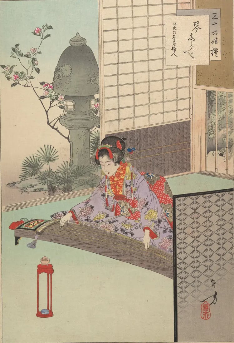 Woodblock print by Mizuno Toshikata of a woman playing a thirteen-string koto, with the movable bridges visible along the body of the instrument