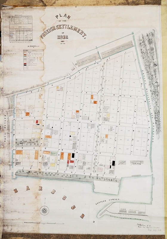Plan of the Foreign Settlement of Kobe, drawn in 1870, showing the gridded lots laid out beside the port