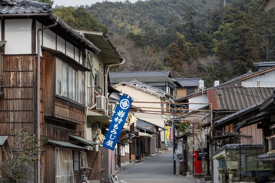 A quiet back street of old wooden houses in Miyajima town