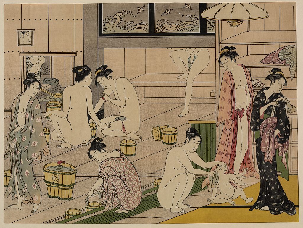 A 1780 woodblock print by Torii Kiyonaga showing the interior of an Edo bathhouse
