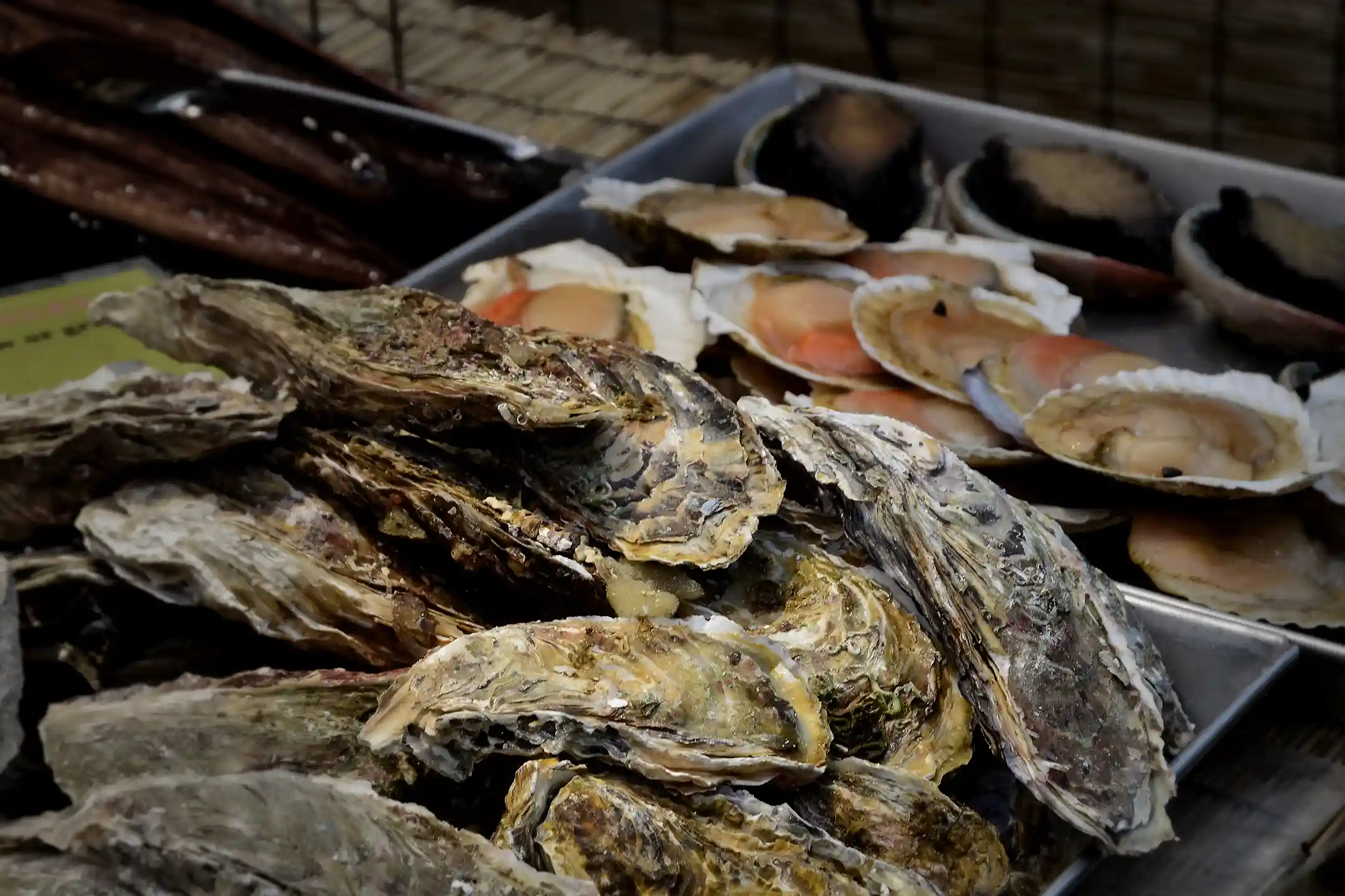 Raw oysters on ice at a Kuromon Ichiba Market stall