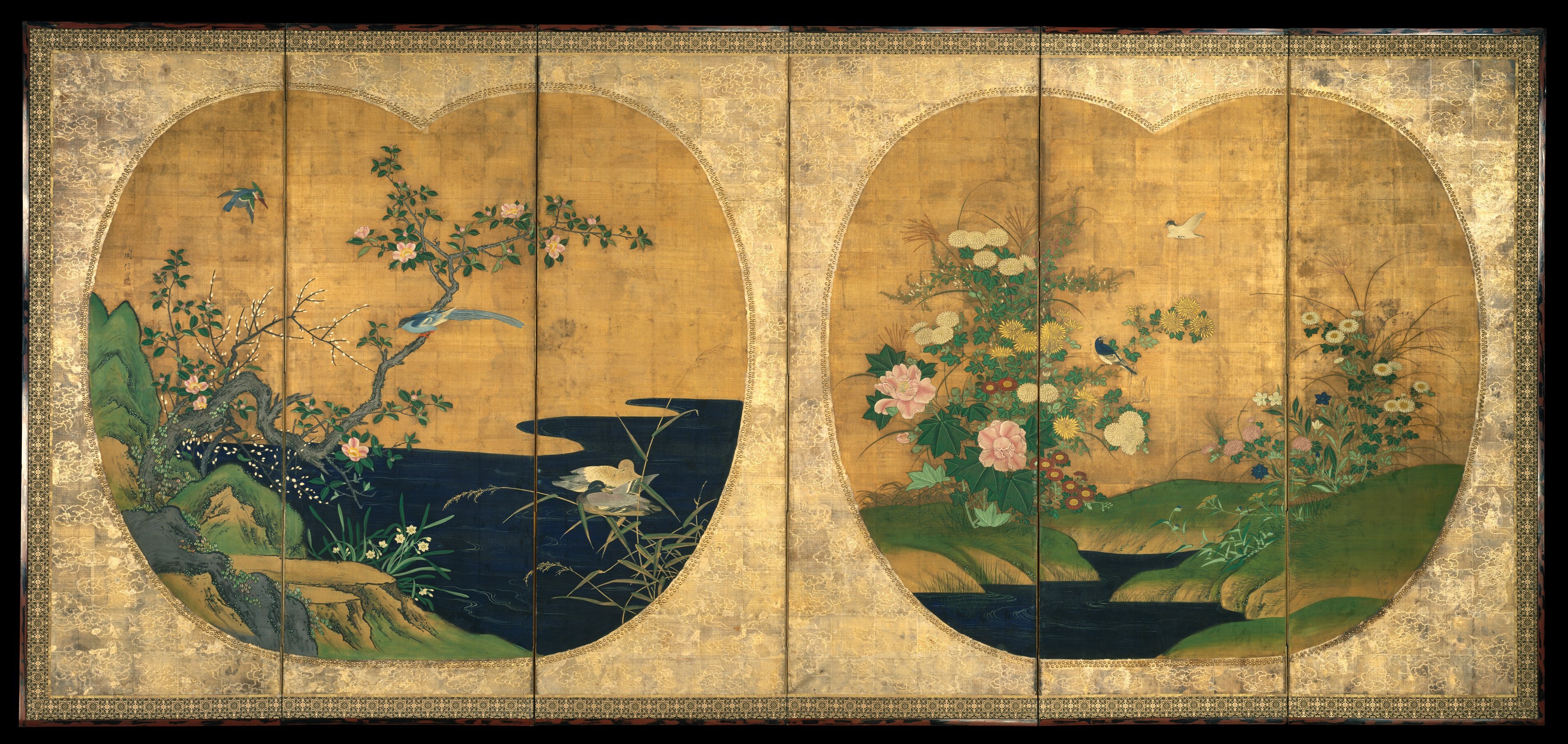 An early eighteenth-century folding screen by Kano Chikanobu in the Metropolitan Museum of Art: birds and flowering plants beside water, set within two large lobed cartouches on a gold ground