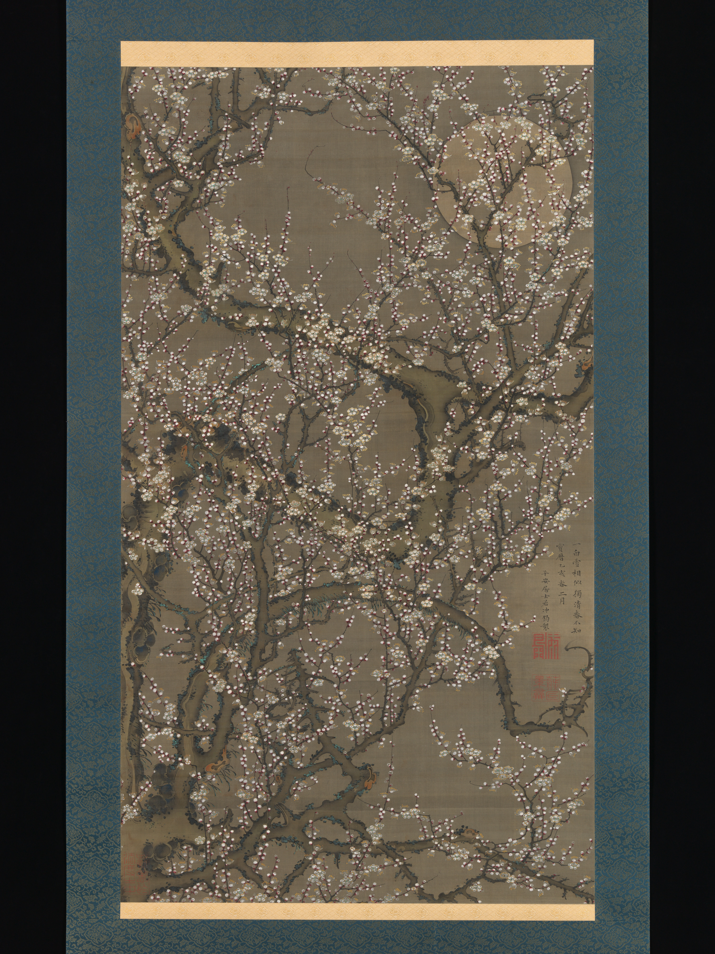 Ito Jakuchu, White Plum Blossoms and Moon, 1755, in the Metropolitan Museum of Art: a hanging scroll in a blue-green mount, dense white plum blossom filling the picture over dark branches, with a pale moon showing behind them