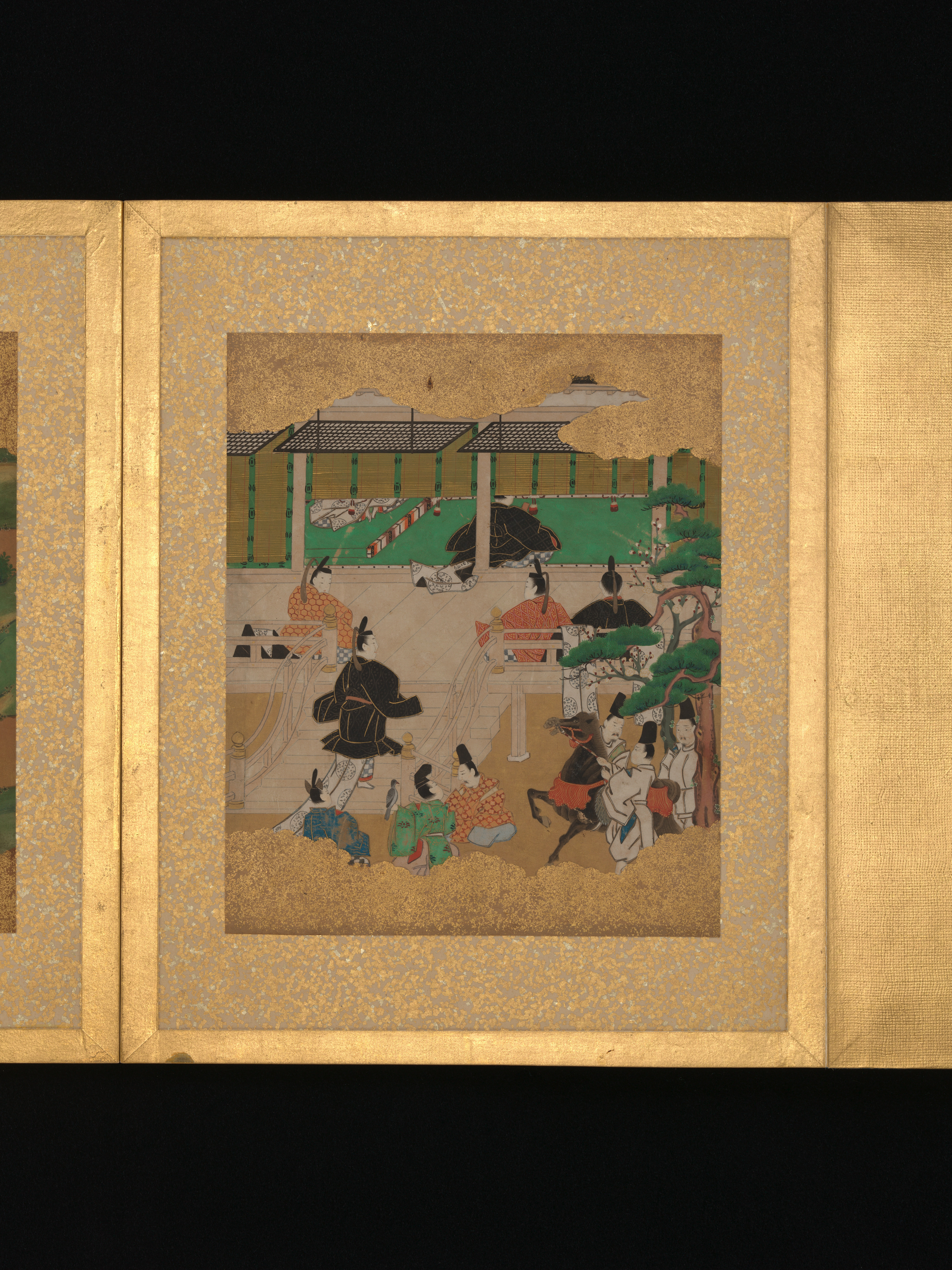 A mid-seventeenth-century album of scenes from The Tale of Genji in the Metropolitan Museum of Art, open at one leaf mounted on gold-flecked paper: courtiers before a veranda hung with green-bound blinds, a railed stair at the left, and a dark horse led by attendants at the right