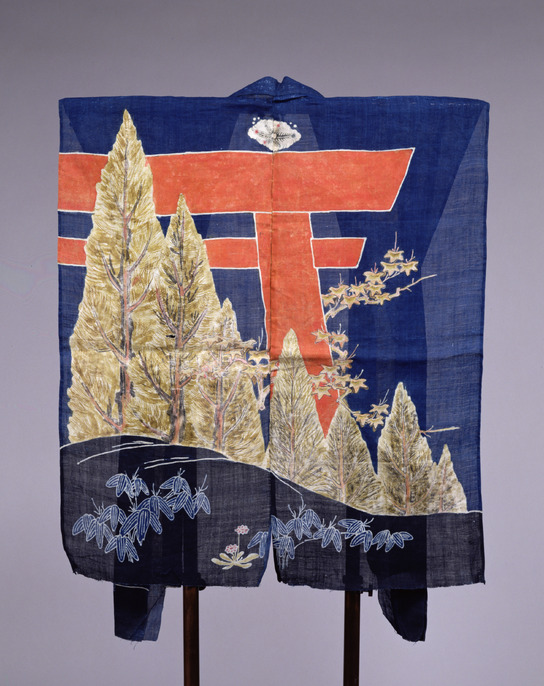 A kyogen kataginu of indigo ramie, a red shrine gate and cypress trees dyed across the back
