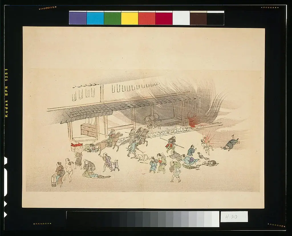 1893 woodcut print depicting the battle at the Hamaguri Gate in Kyoto in 1864