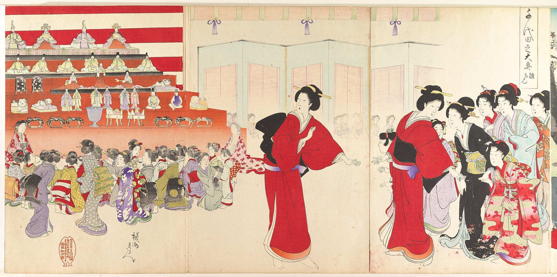 A Meiji-era woodblock triptych of a crowded hall, with a tiered red-covered stand of dolls at the left and women in kimono gathered below it