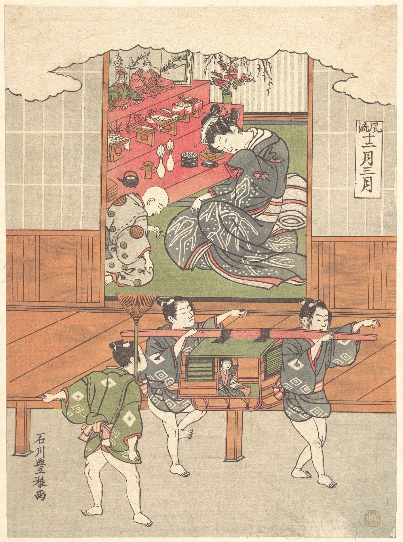 An Edo-period woodblock print for the Third Month: a woman beside a stand of festival dolls while boys in the foreground carry a small palanquin