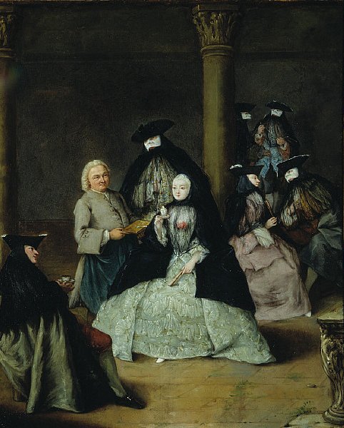 An eighteenth-century painting of figures in black cloaks, tricorn hats and white masks gathered in a courtyard