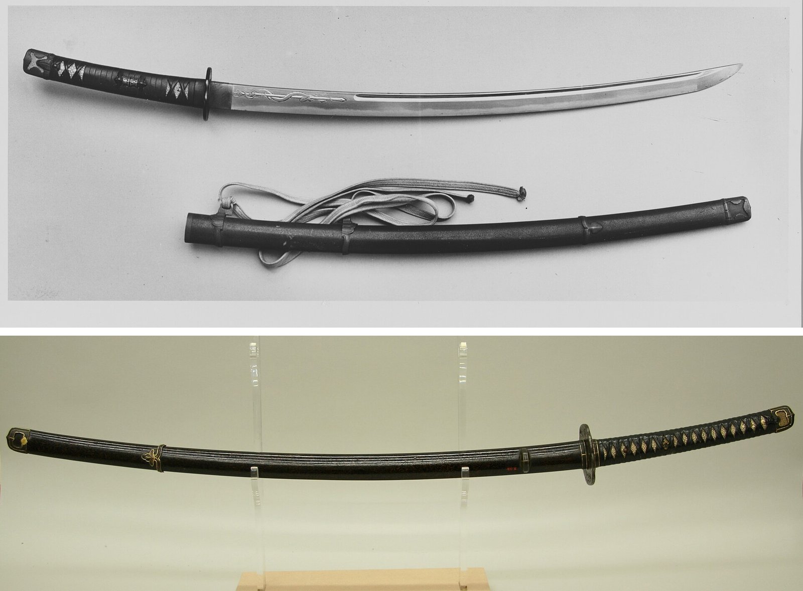 Two Japanese swords: a tachi with its blade drawn from the scabbard above, and a long sword in a black lacquered scabbard resting on a stand below