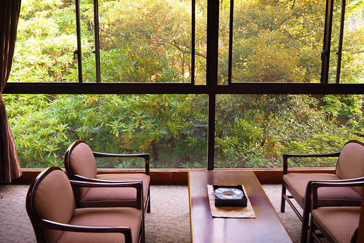 A ryokan guest room with seating overlooking a green garden