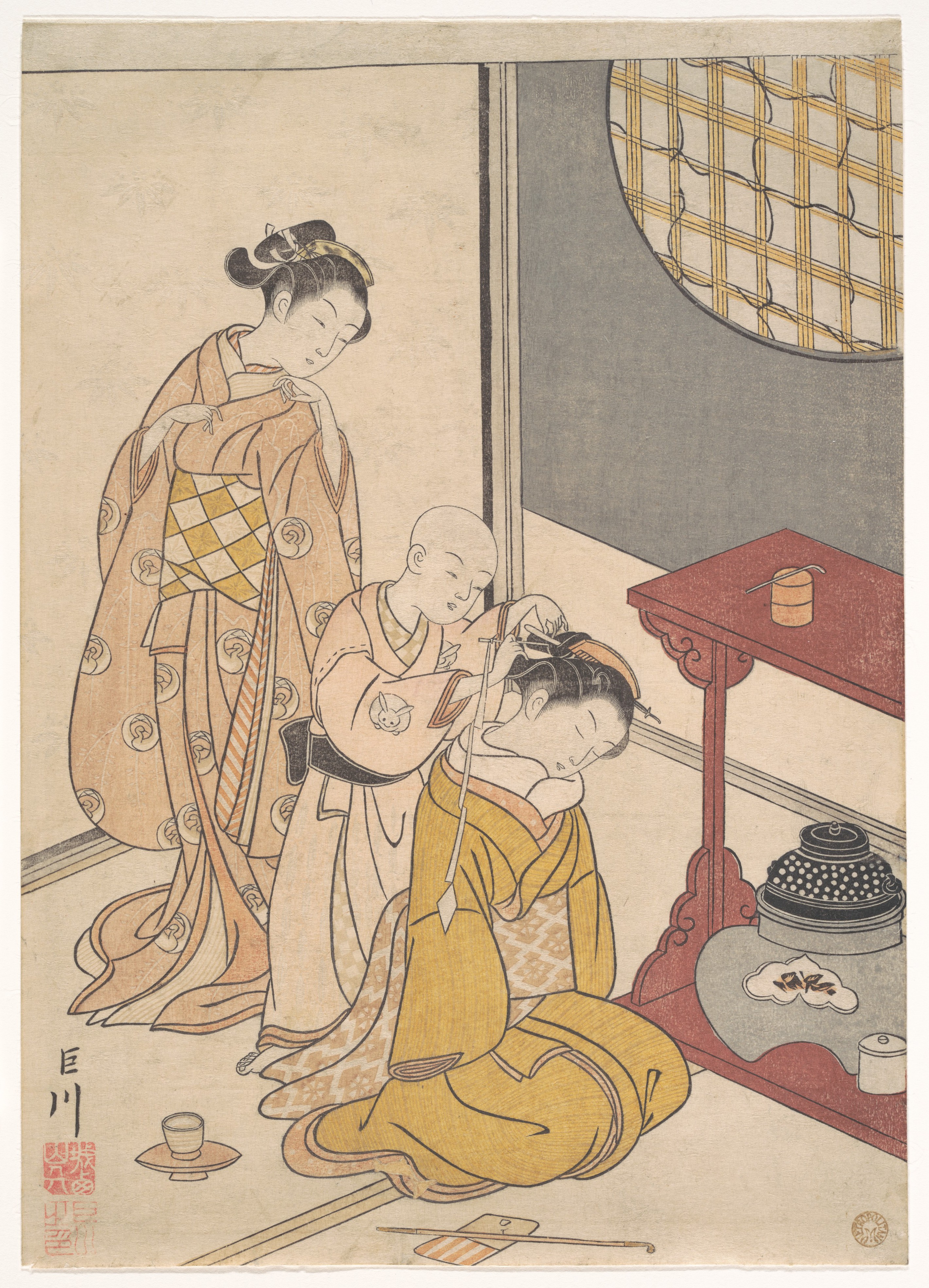 A Suzuki Harunobu woodblock print in the Metropolitan Museum of Art, titled Night Rain at the Double-Shelf Stand, from the series Eight Parlor Views