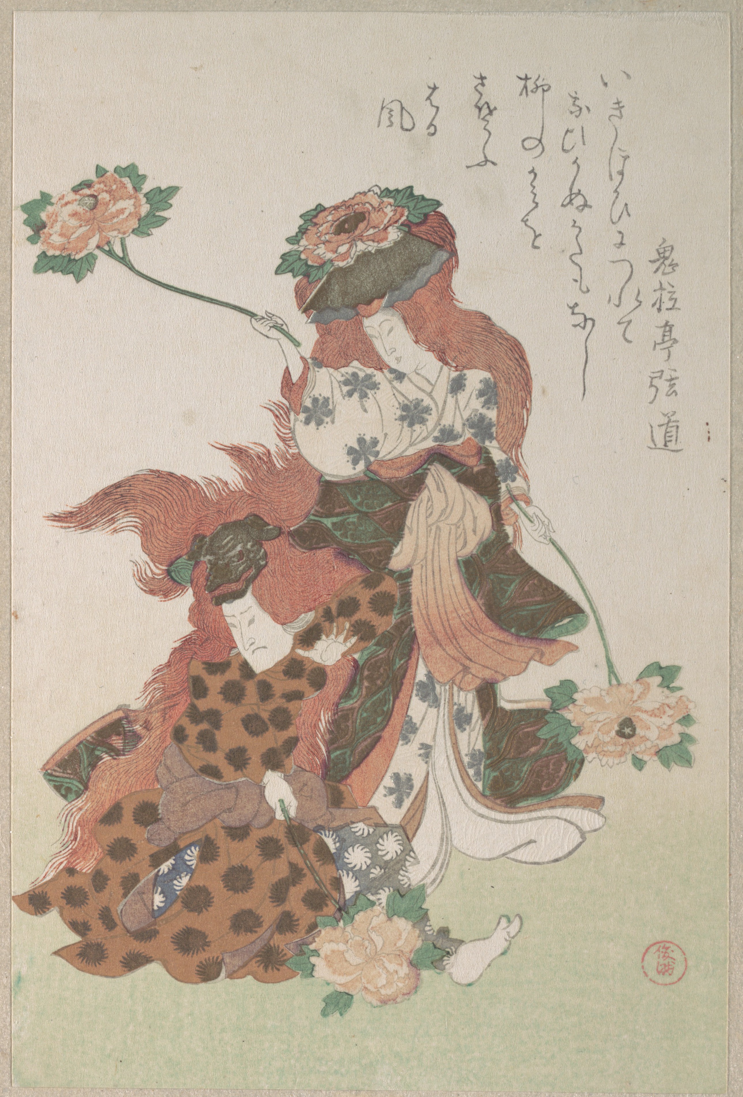 A woodblock print of two dancers performing a Shakkyomono kabuki dance