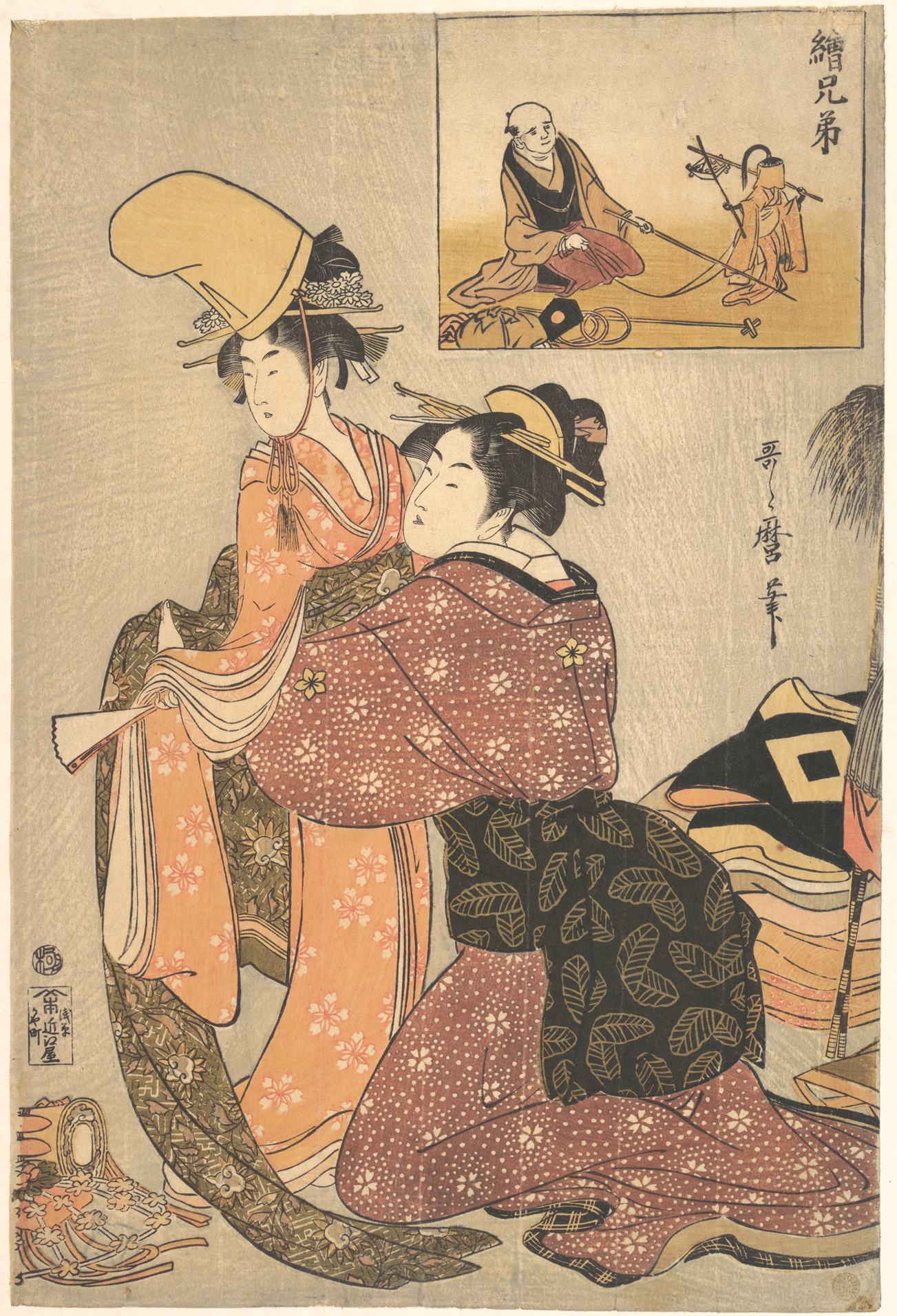 A woodblock print of a woman dressing a girl for the kabuki dance Musume Dojoji