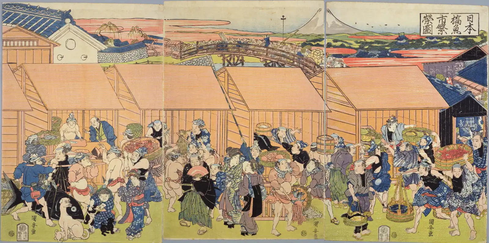 Ukiyo-e print by Utagawa Kuniyasu showing the crowded Nihonbashi fish market, the predecessor of Tsukiji