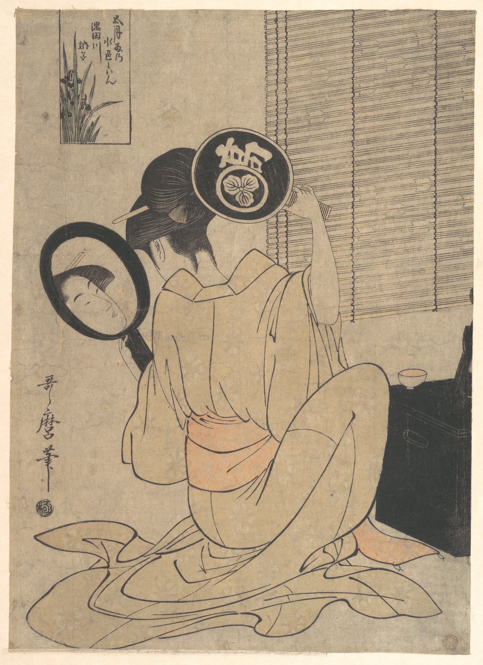 A woodblock print of a woman using two mirrors to check the back of her own coiffure