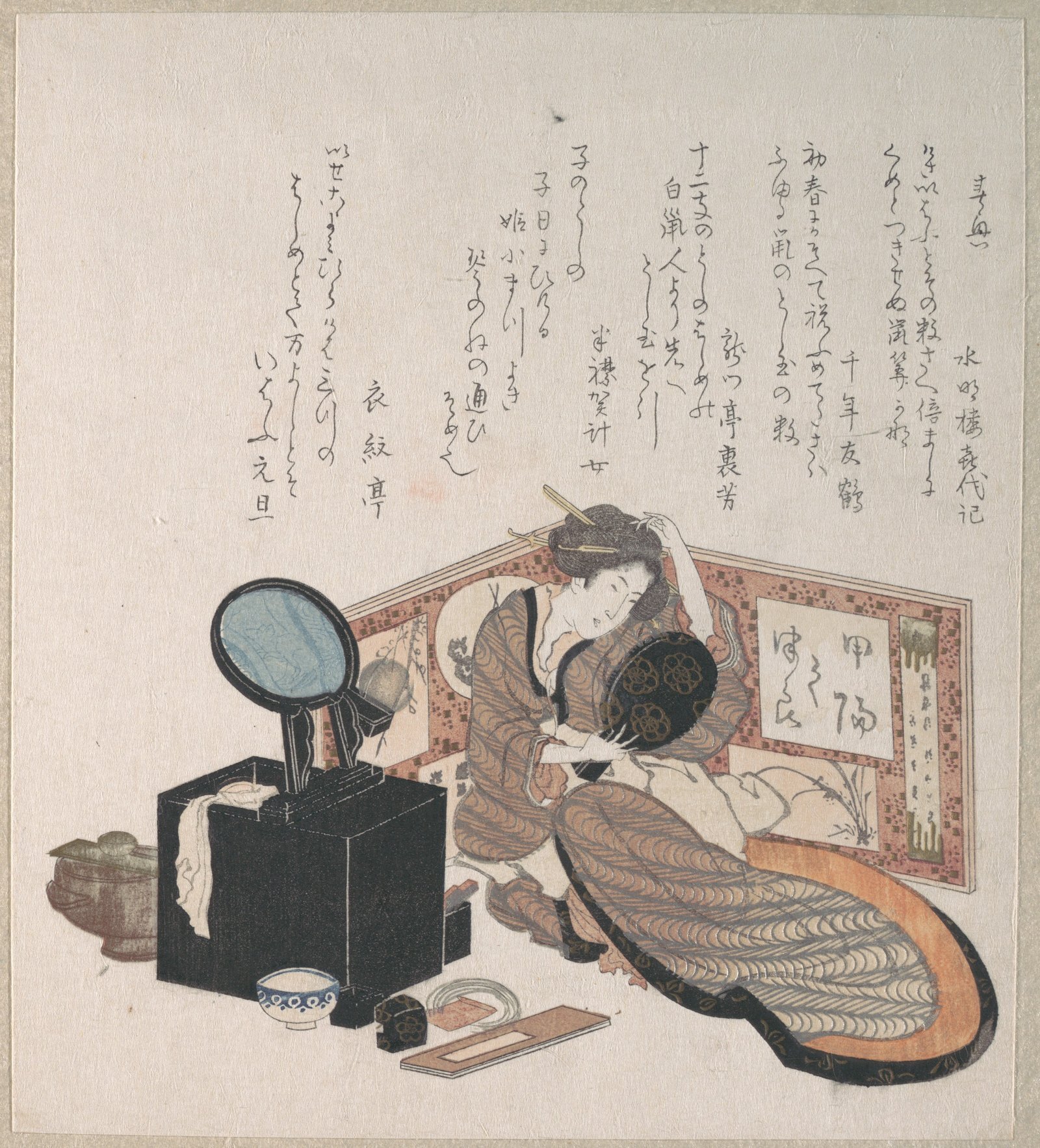 A print of a woman arranging her hair, her utensils set out on the floor in front of her