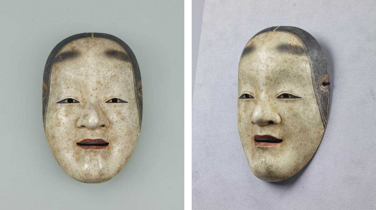 The same ko-omote mask photographed from two angles, straight on and from three-quarters, the expression reading differently in each