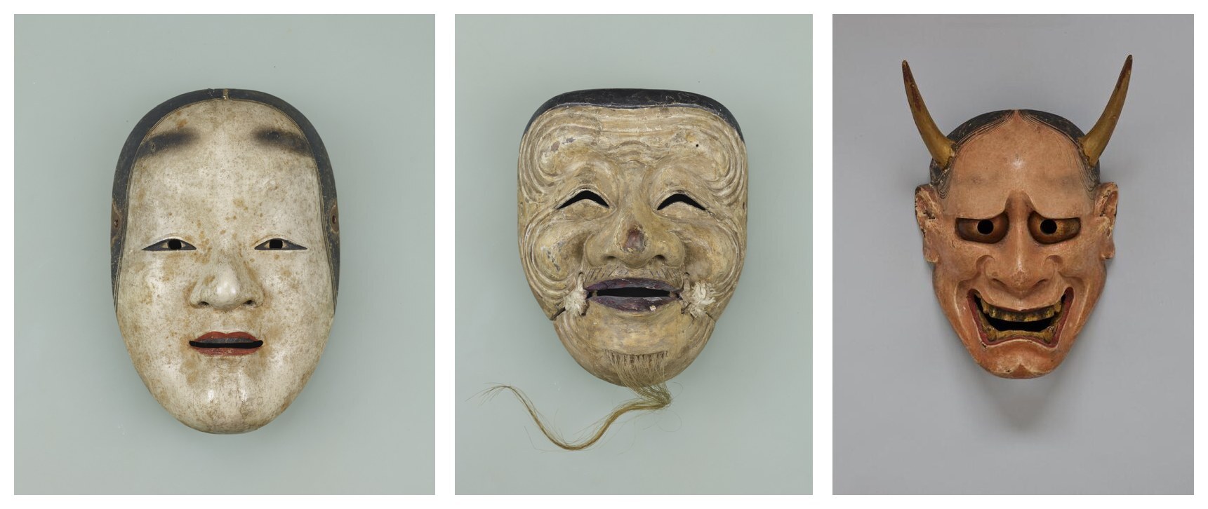 Three principal noh mask types side by side: a young woman (ko-omote), an old man (okina) and a horned figure (hannya)