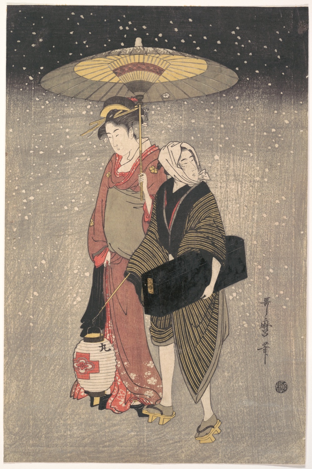 A chochin carried at night in an Edo-period print, a crest drawn on the paper so the bearer can be identified in the dark