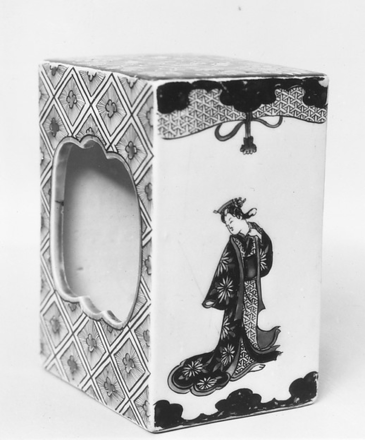 A square Edo-period andon, a standing lamp made in porcelain, its open window showing where the oil dish sat inside
