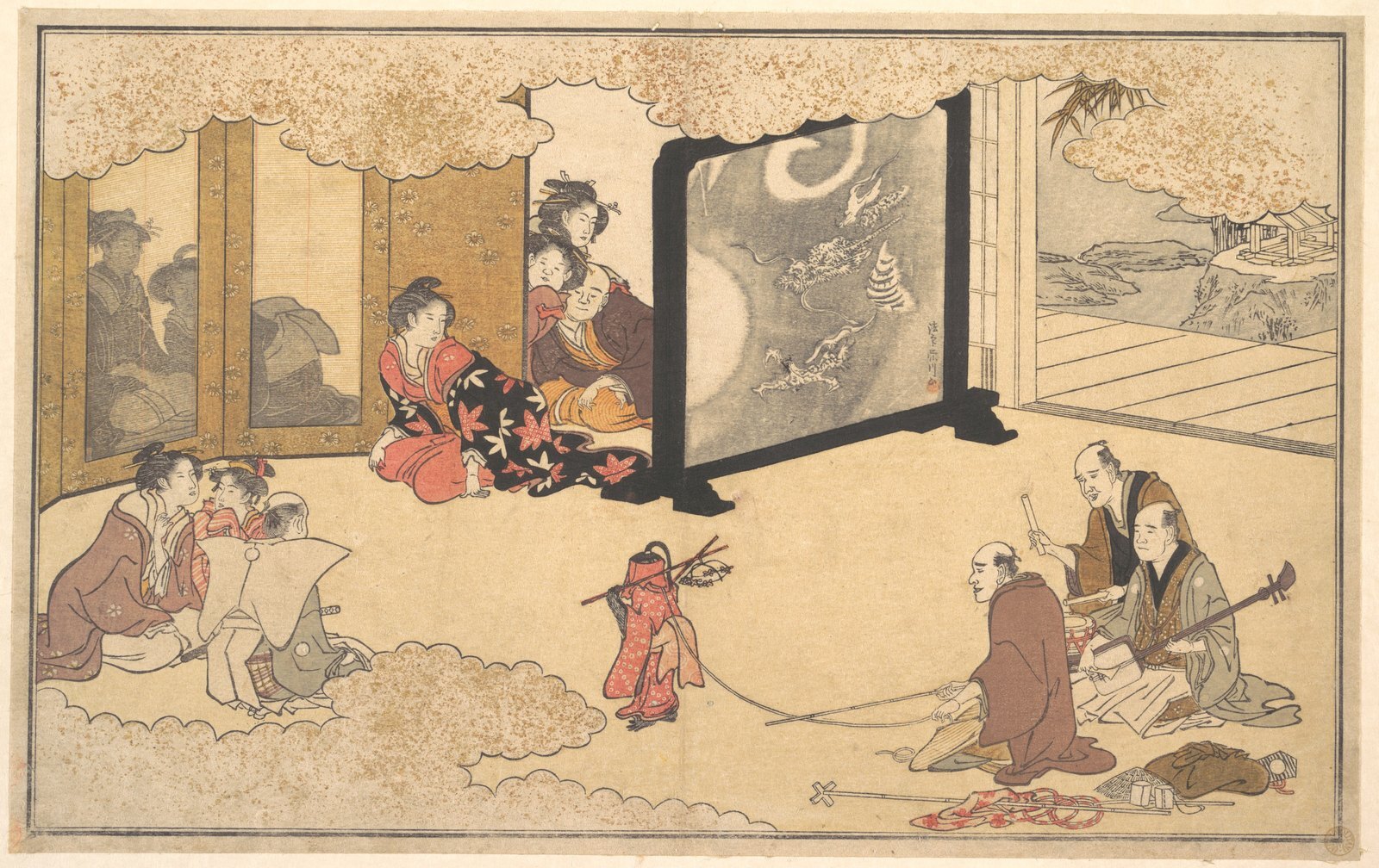 A woodblock print of an audience watching a performance indoors, seated around a screened stage