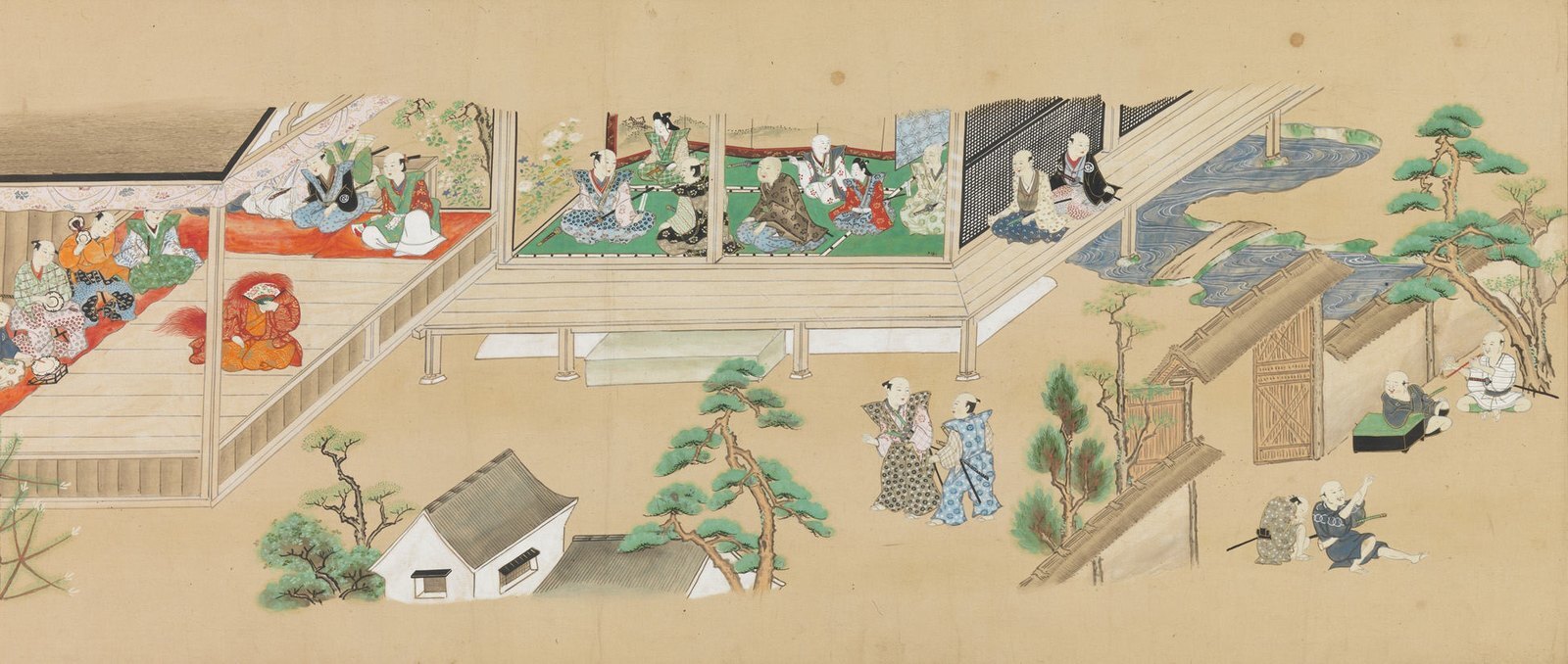 A handscroll showing noh scenes set among the buildings and gardens of daily life