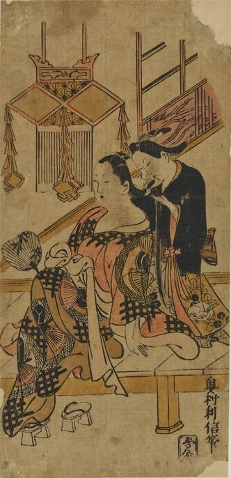 A bon-chochin hung under the eaves in an Edo-period print, its six-sided frame and paper tassels visible