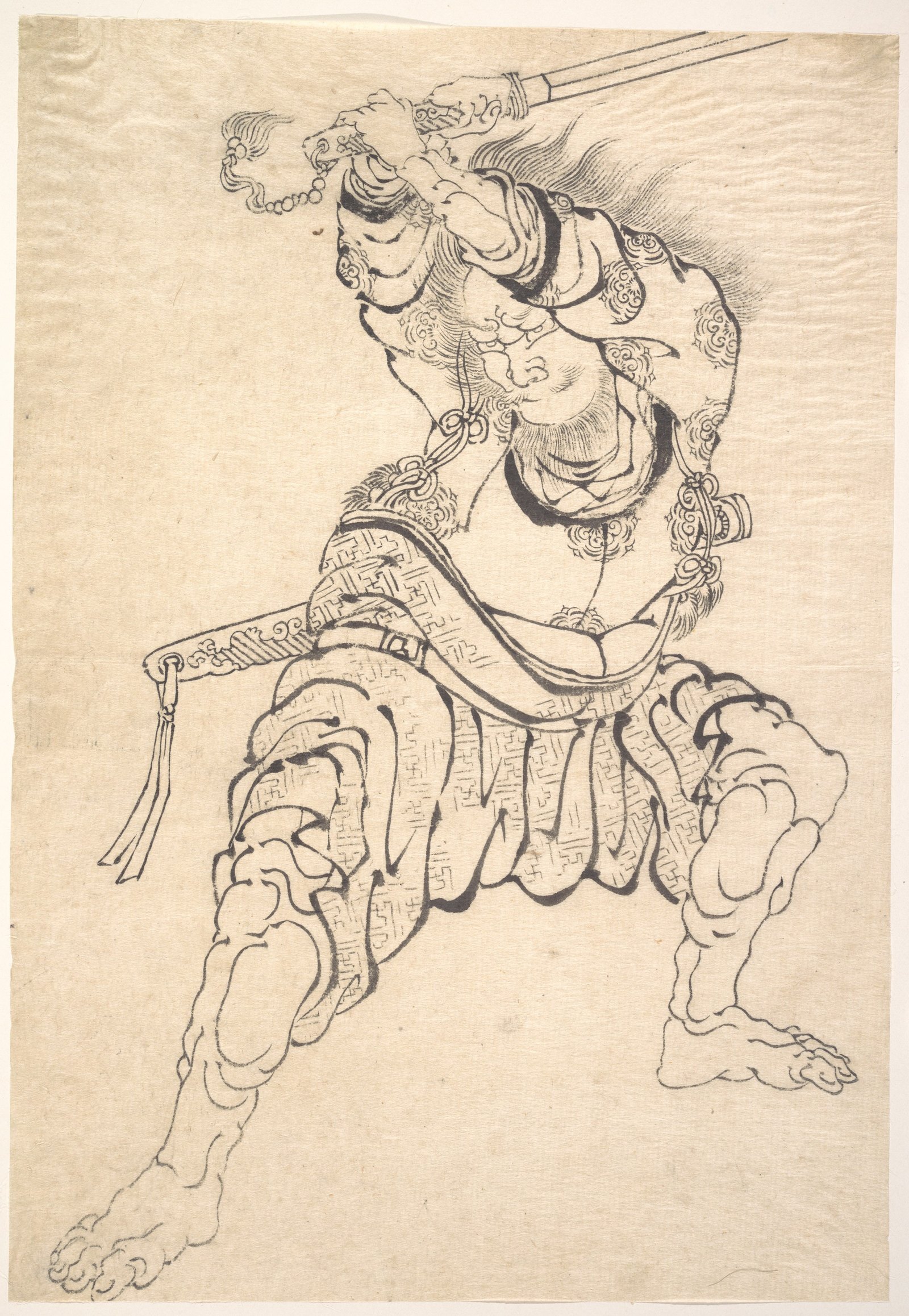 A brush drawing of an armoured warrior mid-stride with a sword raised overhead