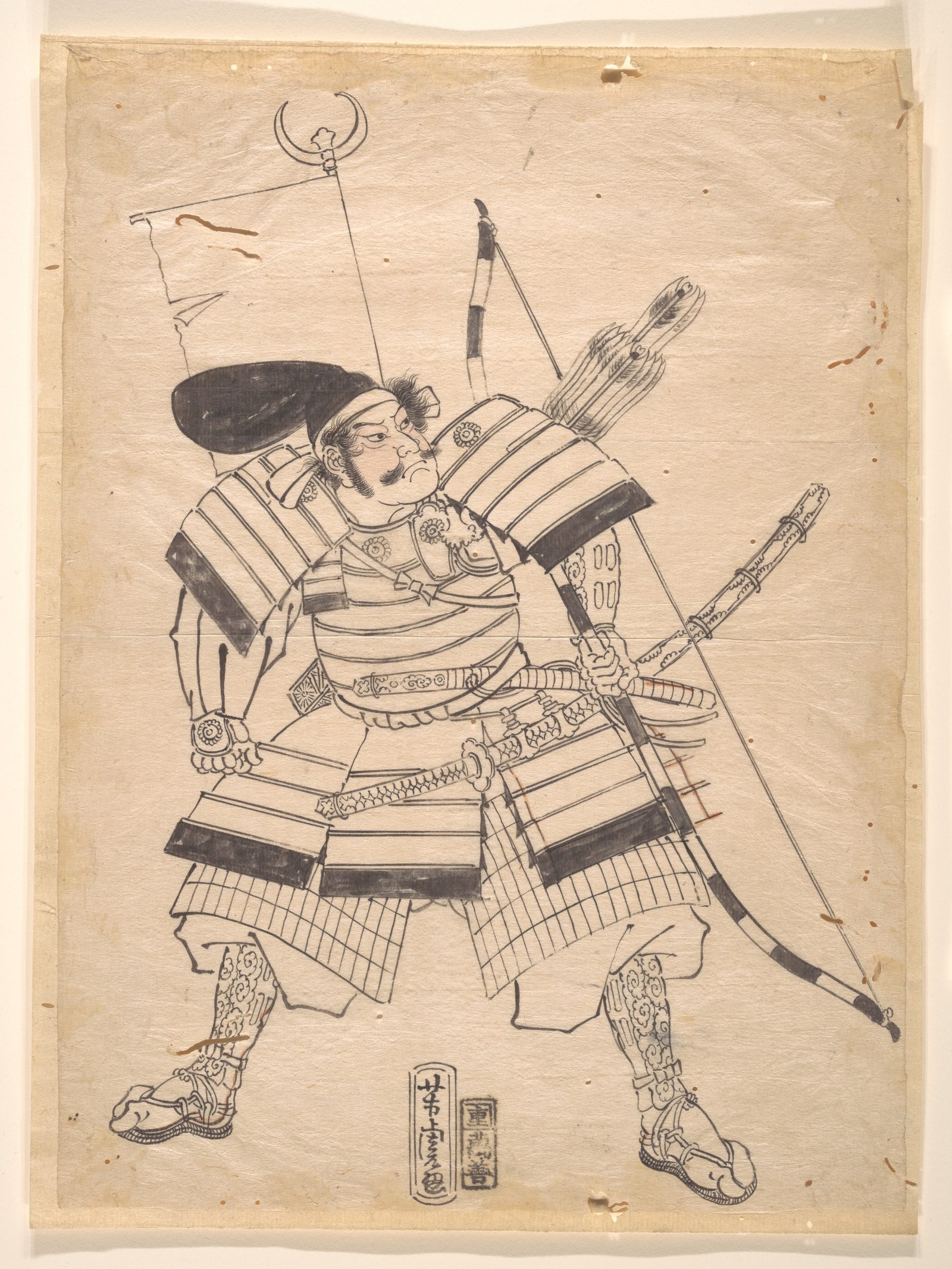A preparatory drawing of a warrior standing braced, bow and quiver at his back